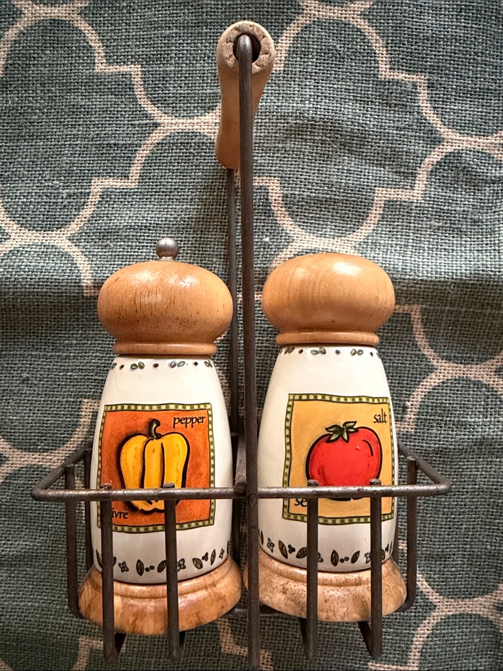 Hand-Painted Salt & Pepper Shakers with Wooden Tops - Yellow & Red Motif